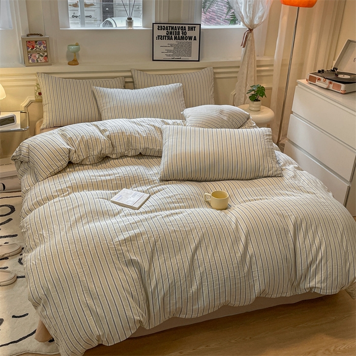 91家纺网 家纺一手货源 找家纺 盛秋家纺 2025新款水洗棉格子系列四件套泡芙黄+奶茶