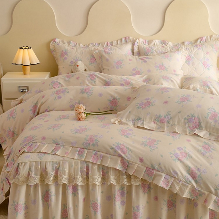 91家纺网 家纺一手货源 找家纺 美达家纺 2025新款全棉印花床裙四件套 幽香私语黄