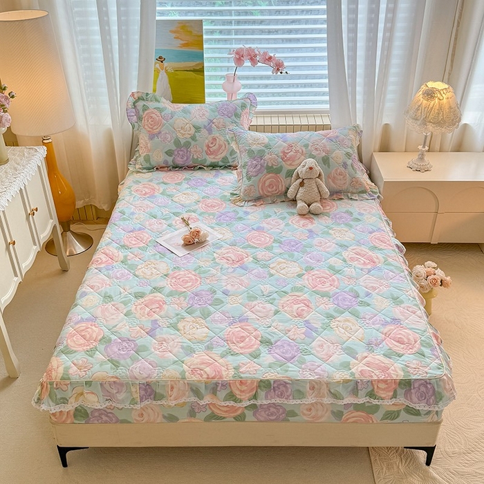 91家纺网 家纺一手货源 找家纺 美达家纺 2025新款全棉印花夹棉床笠 花幽兰-绿