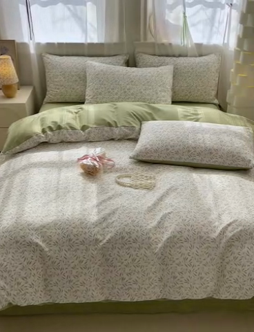 91家纺网 家纺一手货源 找家纺 清雅福 2025全棉13372小清新四件套和单被套早春系列第二批--四件套 绿茵