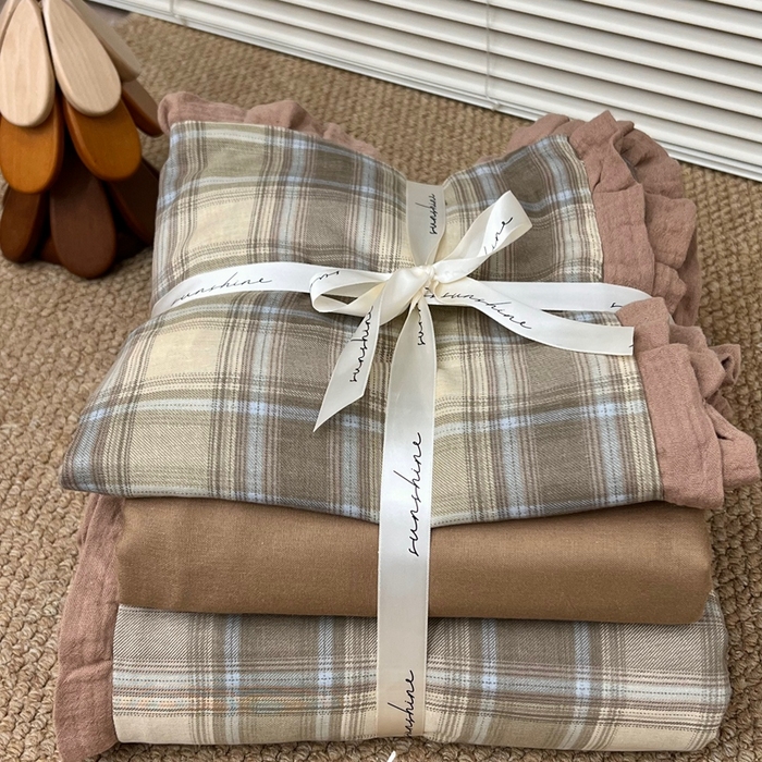 91家纺网 家纺一手货源 找家纺 荣轩 2024新款全棉印花双层纱四件套 皱皱纱花边款 云川寄禾