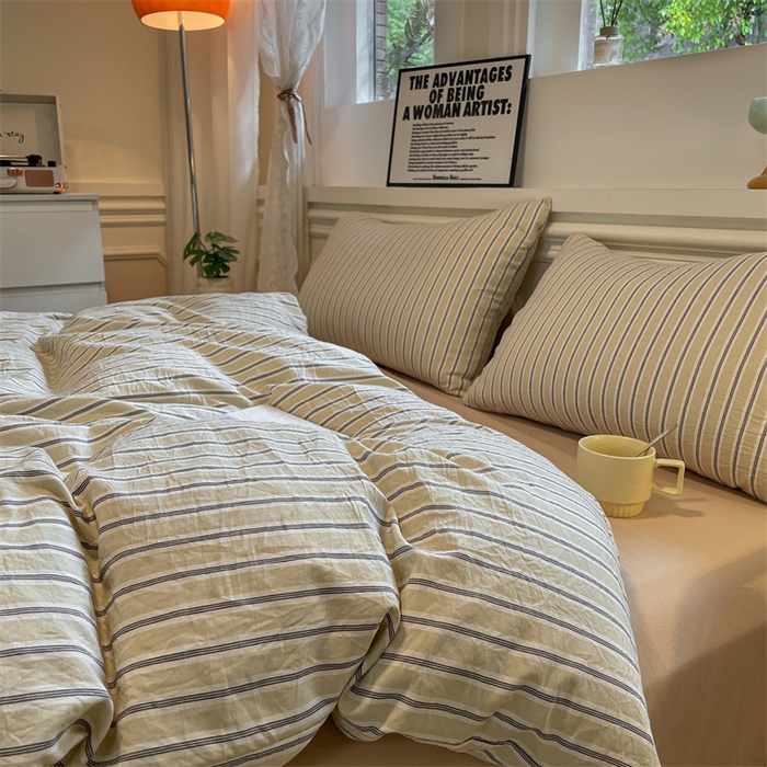 91家纺网 家纺一手货源 找家纺 盛秋家纺 2025新款水洗棉格子系列四件套泡芙黄+奶茶