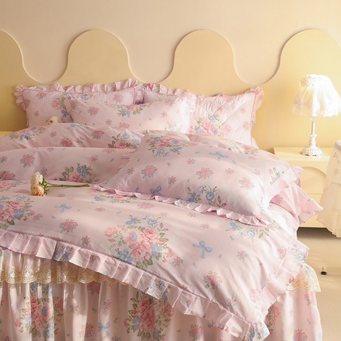 91家纺网 家纺一手货源 找家纺 美达家纺 2025新款全棉印花床裙四件套 夏花依旧