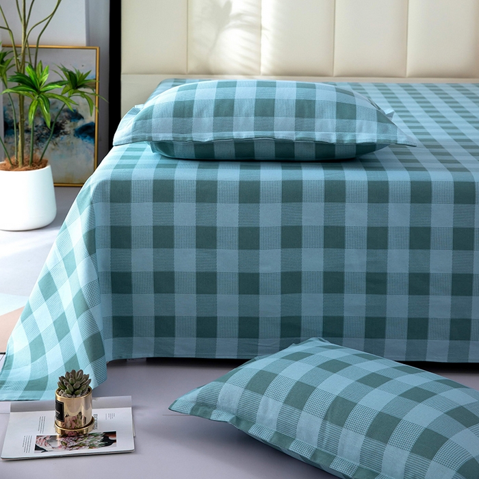 91家纺网 家纺一手货源 找家纺 帛洵2025新款原棉老粗布床单 蓝绿格