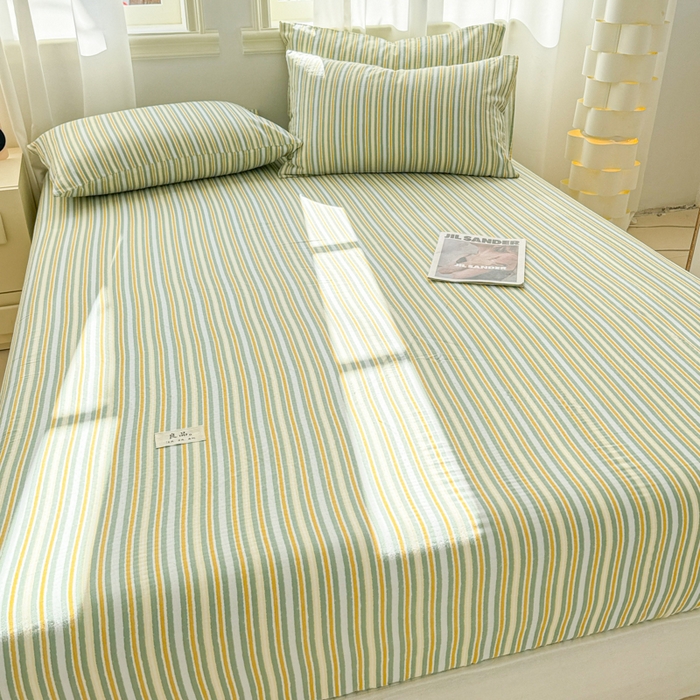 91家纺网 家纺一手货源 找家纺 眠博士2025新款 全棉双层纱 单床笠 双层纱床笠-黄绿条