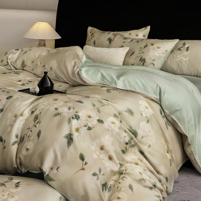 91家纺网 家纺一手货源 找家纺 立奥被业 2025年新款100%兰精天丝四件套天丝数码印花四件套 木兰花-绿