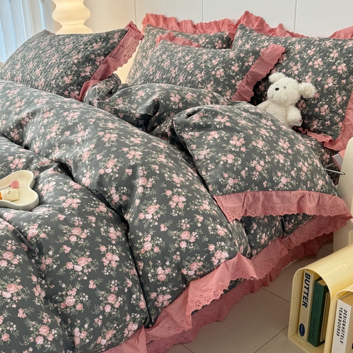 91家纺网 家纺一手货源 找家纺 添越 2024新款纯棉砂洗床盖暗香玫瑰