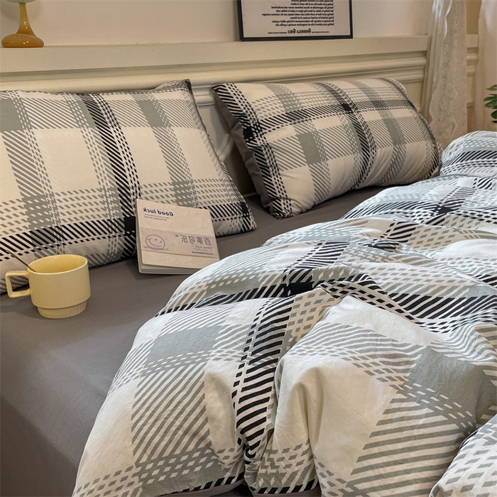 91家纺网 家纺一手货源 找家纺 盛秋家纺 2025新款水洗棉格子系列四件套格瑞斯+中灰