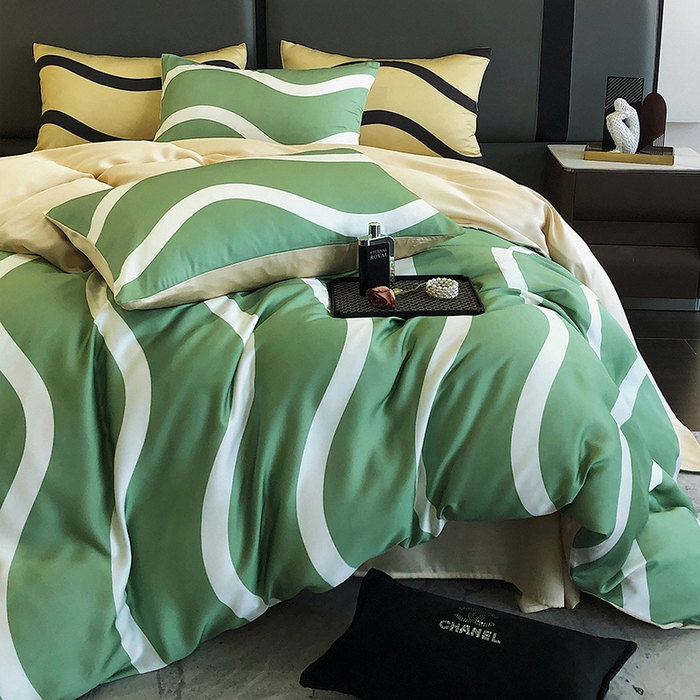 91家纺网 家纺一手货源 找家纺 立奥被业 2025年新款100%兰精天丝四件套天丝数码印花四件套 条纹绿