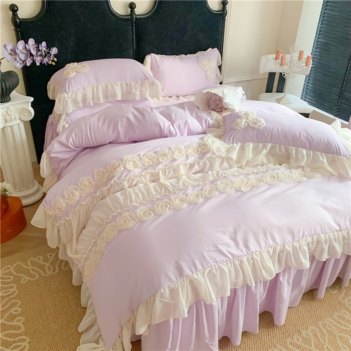 91家纺网 家纺一手货源 找家纺 （总）富盛家纺 2025新款水洗亲肤棉盘花刺绣床裙款四件套公主风四件套甜蜜蜜系列