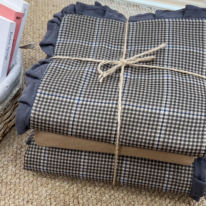 91家纺网 家纺一手货源 找家纺 荣轩 2024新款全棉印花双层纱四件套 皱皱纱花边款 指尖艺术