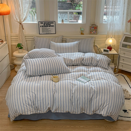 盛秋家纺 2025新款水洗棉格子系列四件套灰苏条+蓝灰