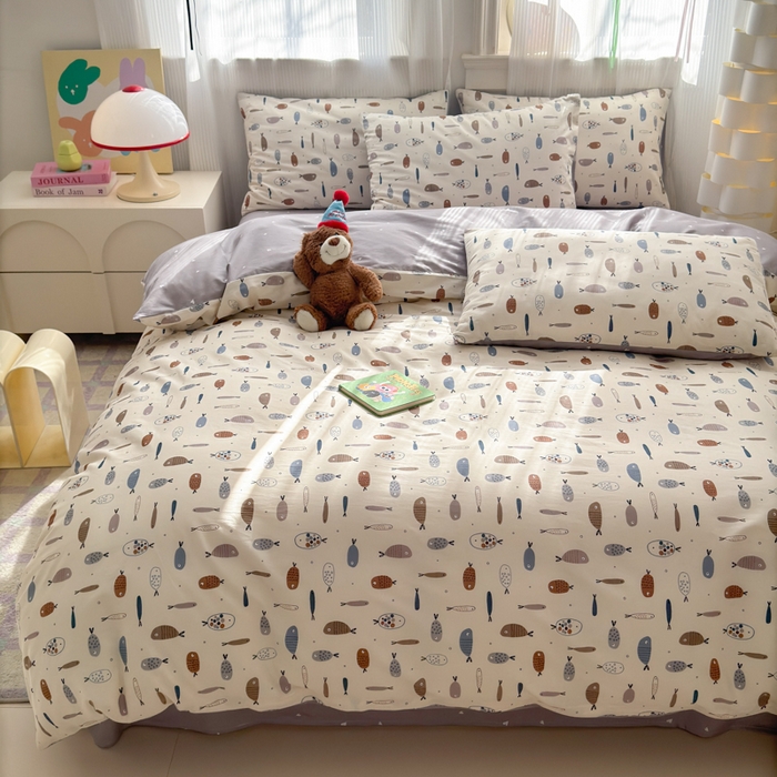 91家纺网 家纺一手货源 找家纺 清雅福 2025全棉13372小清新四件套和单被套早春系列第二批--单枕套 鱼多多