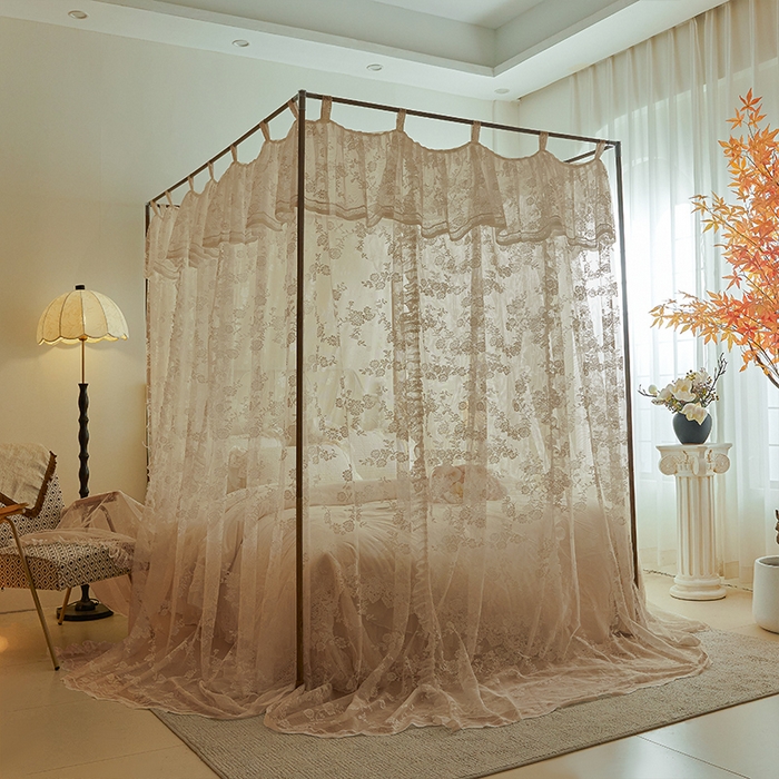 91家纺网 家纺一手货源 找家纺 都市缘蚊帐 2025新款A902穿杆落地宫廷蚊帐烤漆支架款 902可可庄园-奶油杏