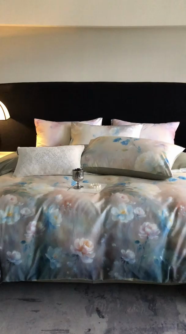 91家纺网 家纺一手货源 找家纺 立奥被业 2025新款60S数码印花四件套四件套 花仙绿