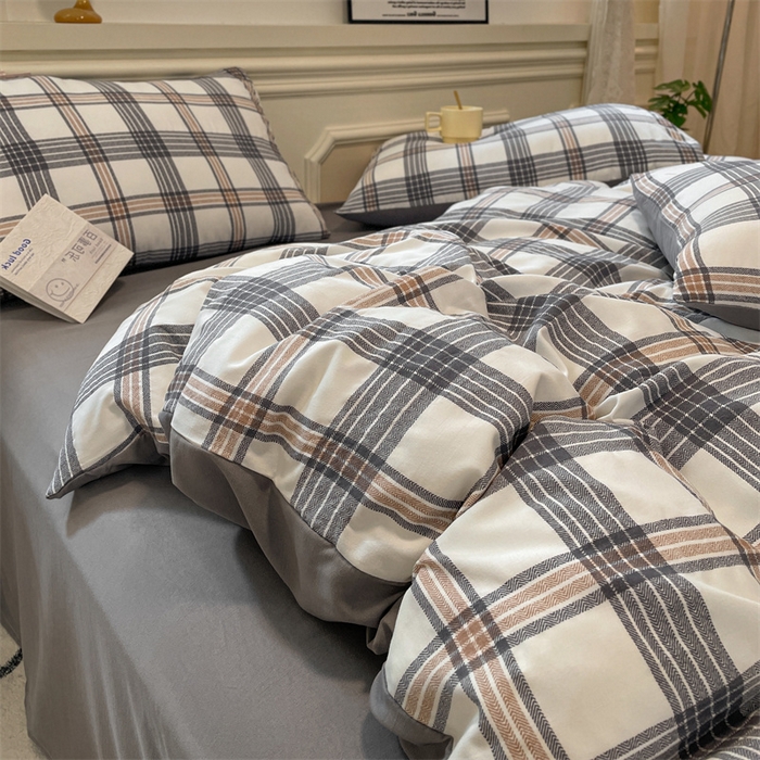 91家纺网 家纺一手货源 找家纺 盛秋家纺 2025新款水洗棉格子系列四件套瑞克+中灰