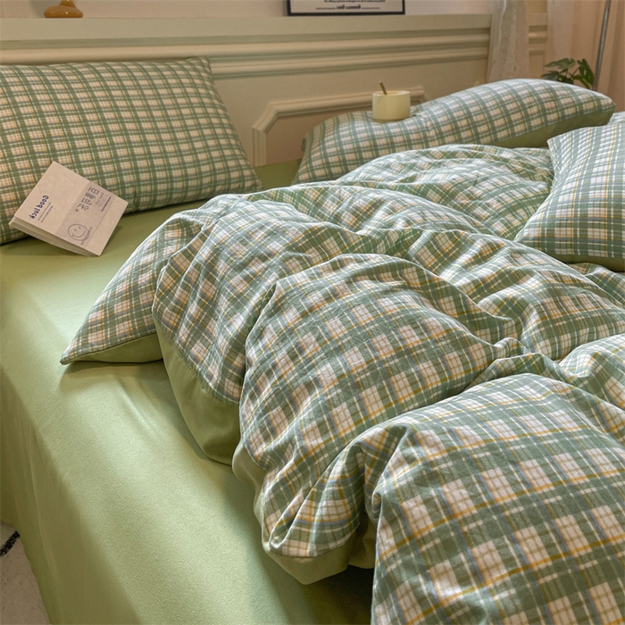 91家纺网 家纺一手货源 找家纺 盛秋家纺 2025新款水洗棉格子系列四件套 抹茶+果绿