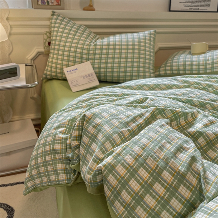 91家纺网 家纺一手货源 找家纺 盛秋家纺 2025新款水洗棉格子系列四件套 抹茶+果绿