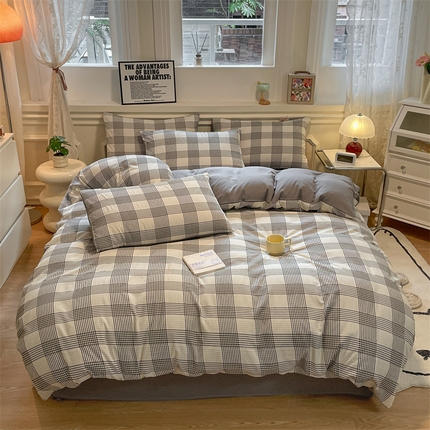 盛秋家纺 2025新款水洗棉格子系列四件套罗格+中灰