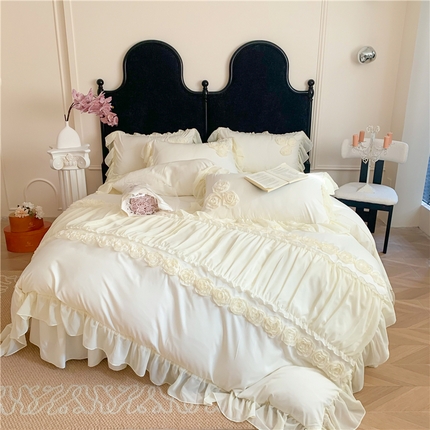 富盛家纺 2025新款水洗亲肤棉盘花刺绣床裙款四件套公主风四件套甜蜜蜜系列 甜蜜蜜-白