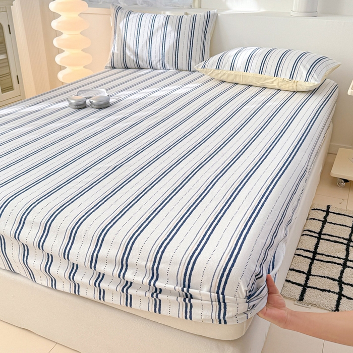 91家纺网 家纺一手货源 找家纺 眠博士2025新款全棉老粗布床笠 老粗布床笠-条纹蓝