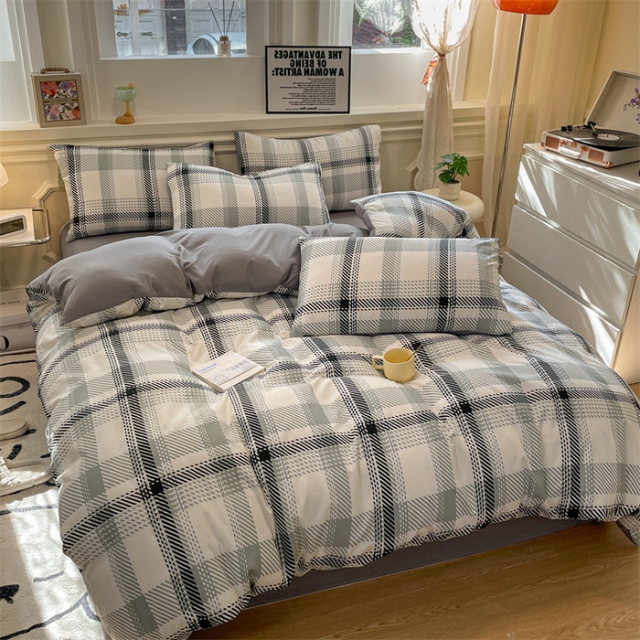 91家纺网 家纺一手货源 找家纺 盛秋家纺 2025新款水洗棉格子系列四件套格瑞斯+中灰