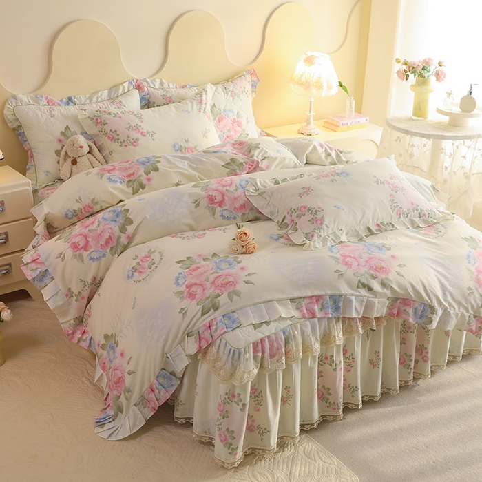 91家纺网 家纺一手货源 找家纺 美达家纺 2025新款全棉印花床裙四件套 法尔曼玫瑰