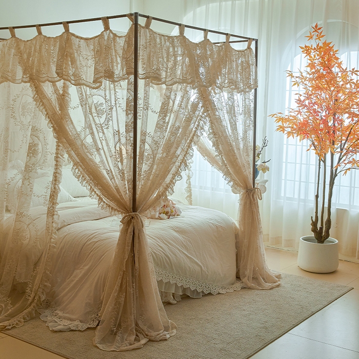 91家纺网 家纺一手货源 找家纺 都市缘蚊帐 2025新款A902穿杆落地宫廷蚊帐烤漆支架款 902薇尔庄园-奶油杏