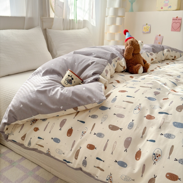 91家纺网 家纺一手货源 找家纺 清雅福 2025全棉13372小清新四件套和单被套早春系列第二批--单被套 鱼多多