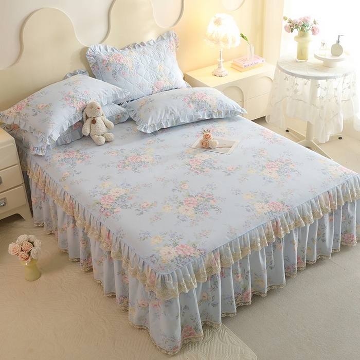 91家纺网 家纺一手货源 找家纺 美达家纺 2025新款全棉印花单床裙 栀夏海棠-蓝