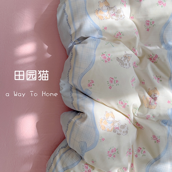 91家纺网 家纺一手货源 找家纺 仟人梦 2025新款水洗棉印花四件套 田园猫