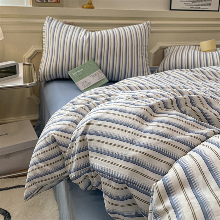 91家纺网 家纺一手货源 找家纺 盛秋家纺 2025新款水洗棉格子系列四件套灰苏条+蓝灰