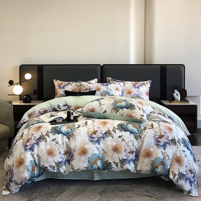 91家纺网 家纺一手货源 找家纺 立奥被业 2025年新款100%兰精天丝四件套天丝数码印花四件套 牡丹绿