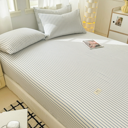 91家纺网 家纺一手货源 找家纺 眠博士2025新款 全棉双层纱 单床笠 双层纱床笠-白蓝条