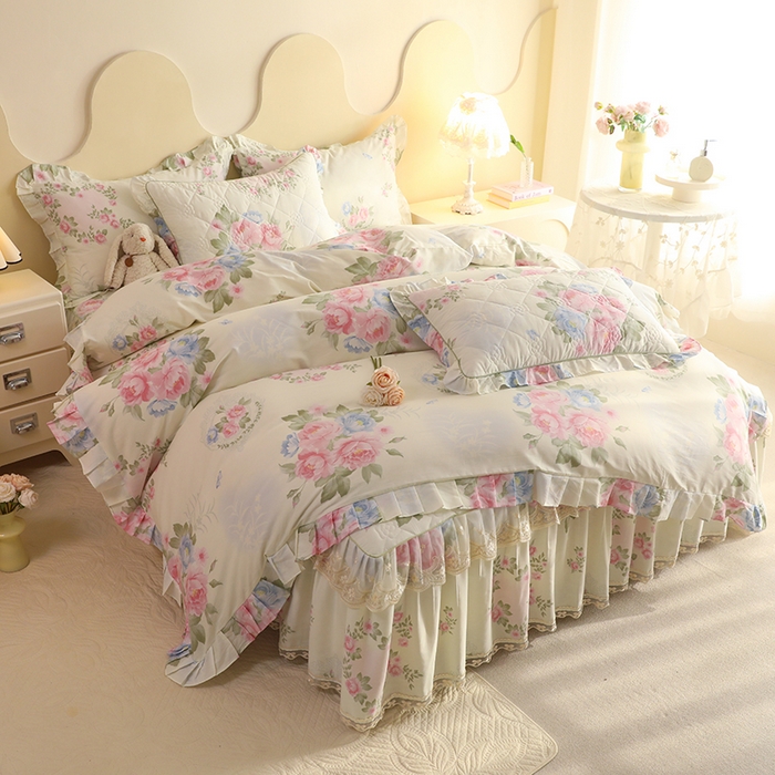 91家纺网 家纺一手货源 找家纺 美达家纺 2025新款全棉印花床裙四件套 法尔曼玫瑰