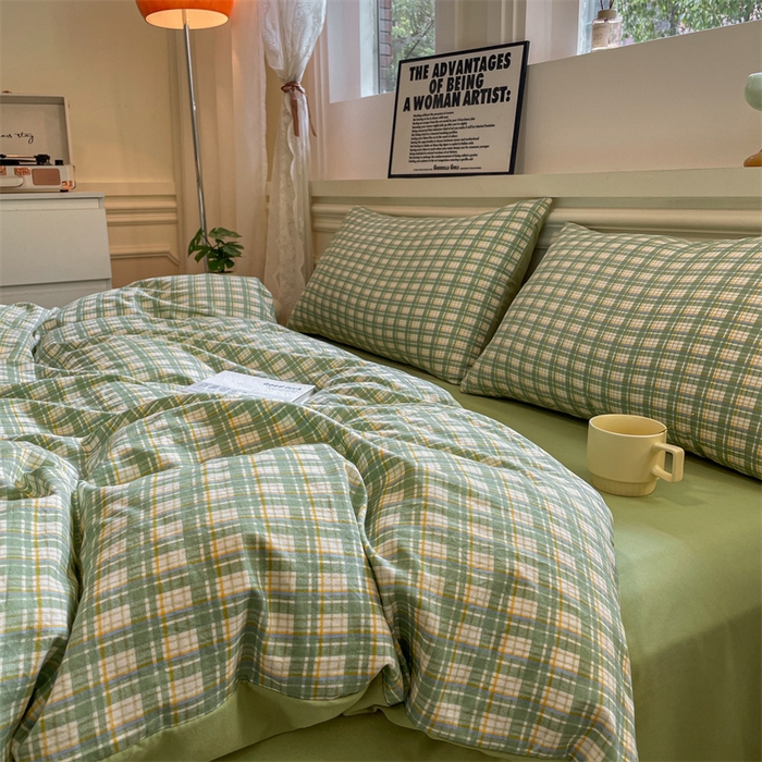 91家纺网 家纺一手货源 找家纺 盛秋家纺 2025新款水洗棉格子系列四件套 抹茶+果绿