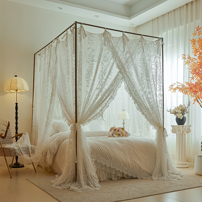 91家纺网 家纺一手货源 找家纺 2025新款浪漫落地蕾丝花边蚊帐905提花系带系列 905玫瑰庄园-奶油白