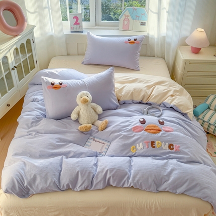 温眠家纺 2025新款水洗棉毛巾绣四件套 萌可鸭-兰