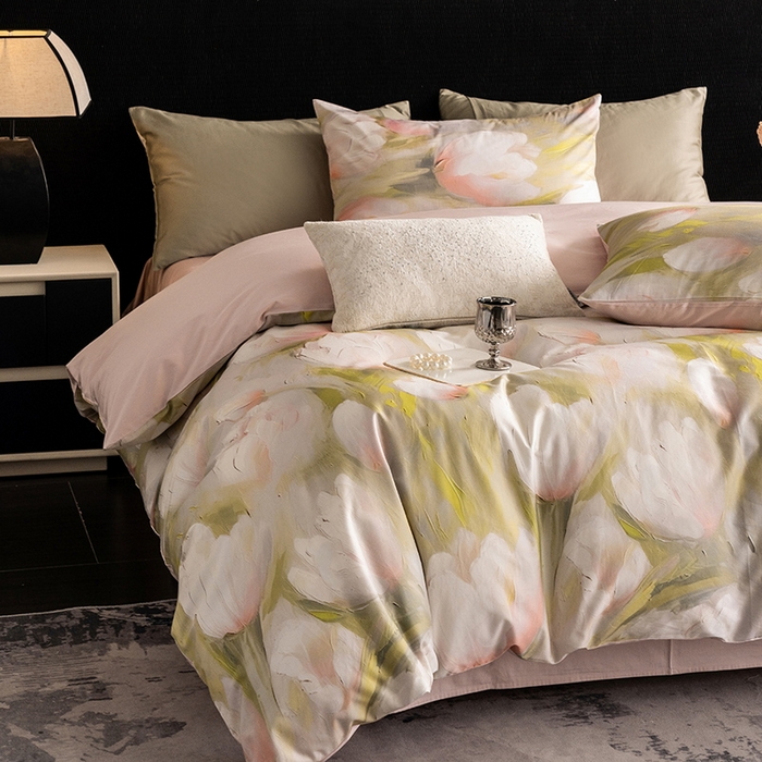 91家纺网 家纺一手货源 找家纺 立奥被业 2025新款60S数码印花四件套四件套 郁金香粉