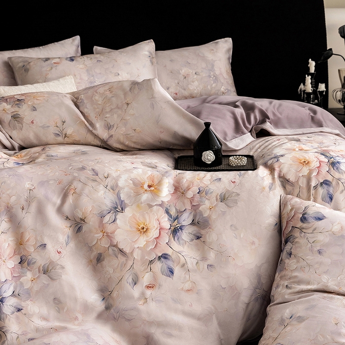 91家纺网 家纺一手货源 找家纺 立奥被业 2025年新款100%兰精天丝四件套天丝数码印花四件套 忆江南-紫