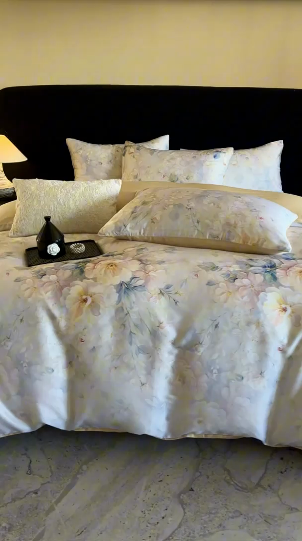 91家纺网 家纺一手货源 找家纺 立奥被业 2025年新款100%兰精天丝四件套天丝数码印花四件套 忆江南-金