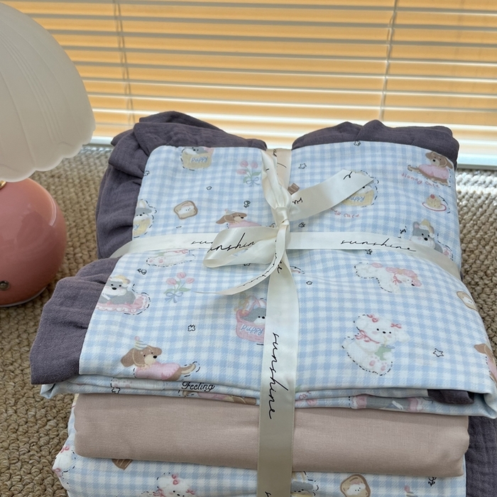 91家纺网 家纺一手货源 找家纺 荣轩 2024新款全棉印花双层纱四件套 皱皱纱花边款 小狗布朗尼