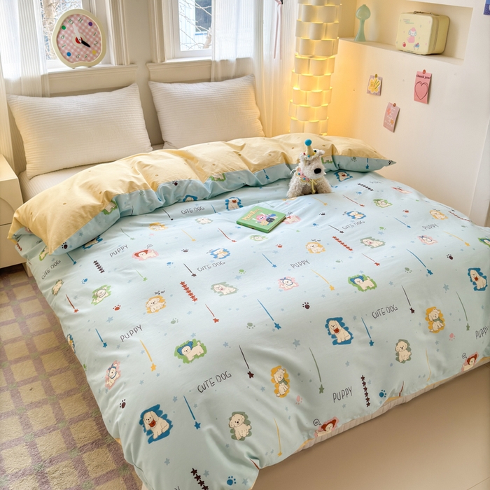 91家纺网 家纺一手货源 找家纺 清雅福 2025全棉13372小清新四件套和单被套早春系列第二批--单被套 旺柴犬·蓝