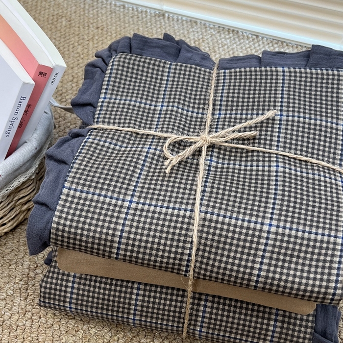 91家纺网 家纺一手货源 找家纺 荣轩 2024新款全棉印花双层纱四件套 皱皱纱花边款 指尖艺术