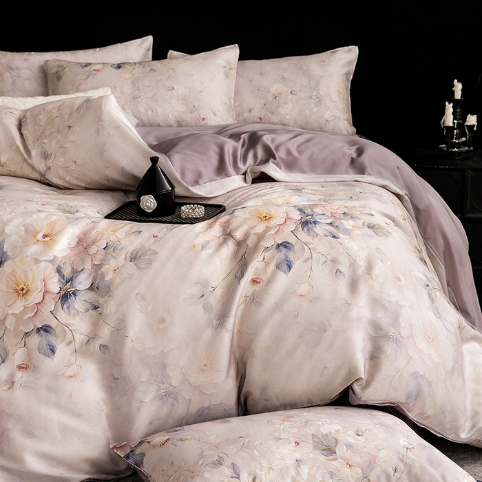 91家纺网 家纺一手货源 找家纺 立奥被业 2025年新款100%兰精天丝四件套天丝数码印花四件套 忆江南-紫