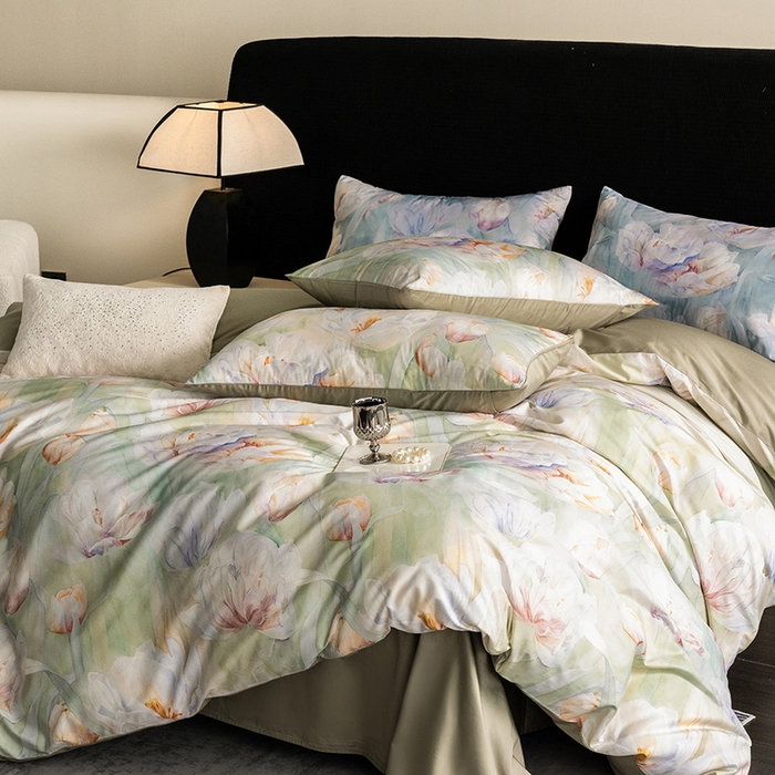 91家纺网 家纺一手货源 找家纺 立奥被业 2025新款60S数码印花四件套四件套 百合绿