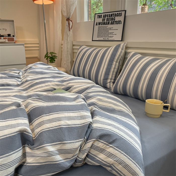 91家纺网 家纺一手货源 找家纺 盛秋家纺 2025新款水洗棉格子系列四件套蓝灰中条+海清