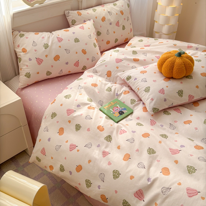 91家纺网 家纺一手货源 找家纺 清雅福 2025全棉13372小清新四件套和单被套早春系列第二批--四件套 南瓜佳人