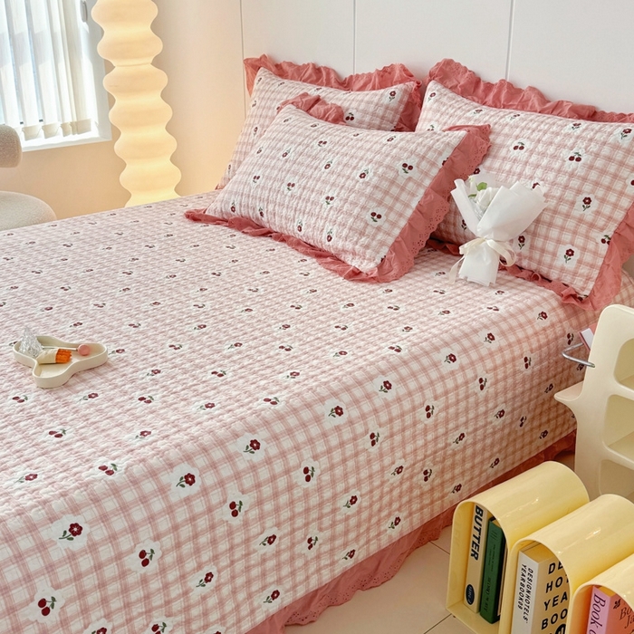 91家纺网 家纺一手货源 找家纺 添越 2024新款纯棉砂洗床盖沁心花语