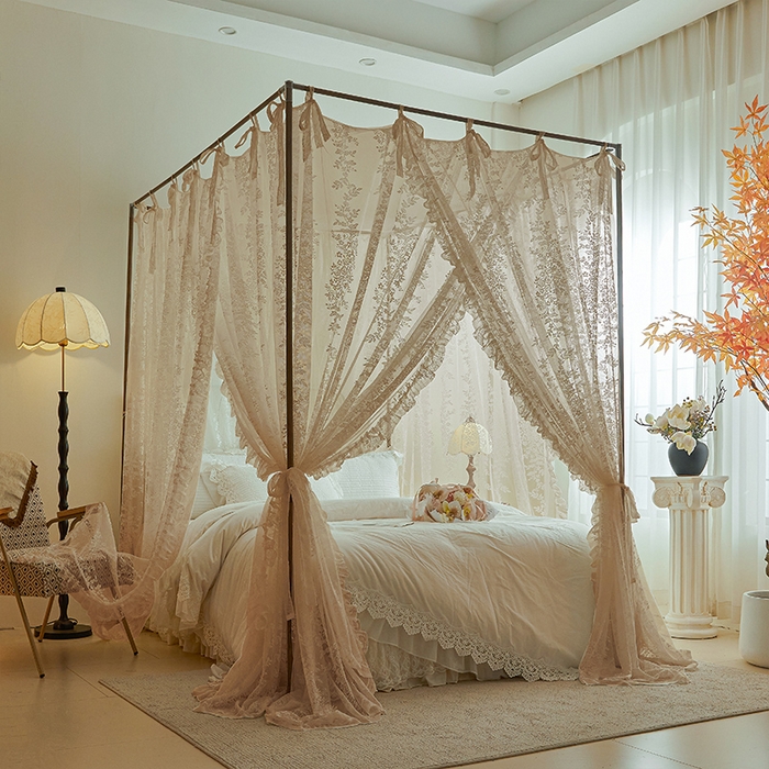 91家纺网 家纺一手货源 找家纺 2025新款浪漫落地蕾丝花边蚊帐905提花系带系列 905玫瑰庄园-奶油杏